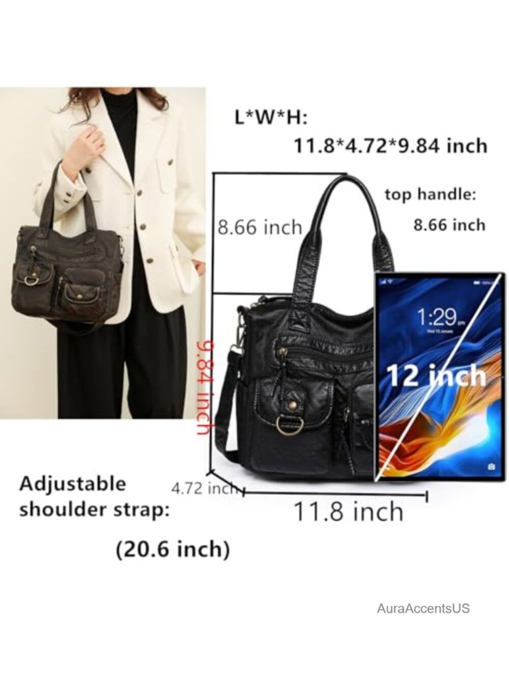 Hobo Handbag Top Handle Satchel Purse PU Leather Multi-Pocket - Picture 4 of 6